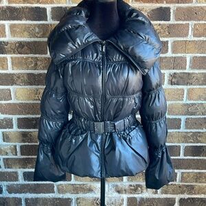 EXPRESS Black Puffer Turtleneck Belted Jacket  Cheetah Print Lining
